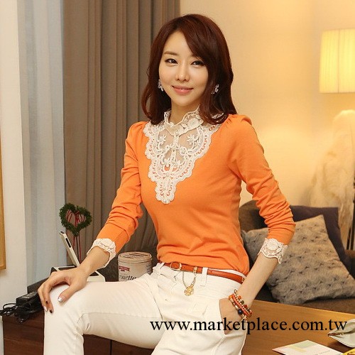 2013韓版熱銷 時尚修身長袖T恤 拼接蕾絲打底衫 糖果色大碼女t恤工廠,批發,進口,代購