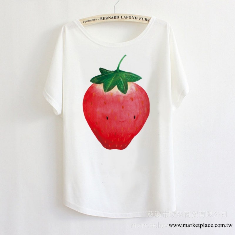 廠傢直銷2013夏女個性清新草莓蝙蝠衫短袖T恤寬松大碼手繪mxrose工廠,批發,進口,代購