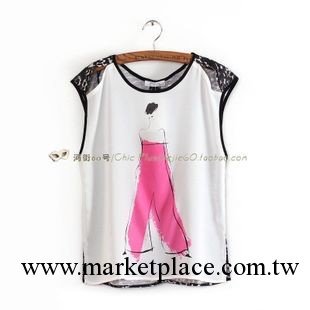 2013夏季新款韓版個性抽象手繪女孩美女印花露肩性感拼接短袖T恤工廠,批發,進口,代購
