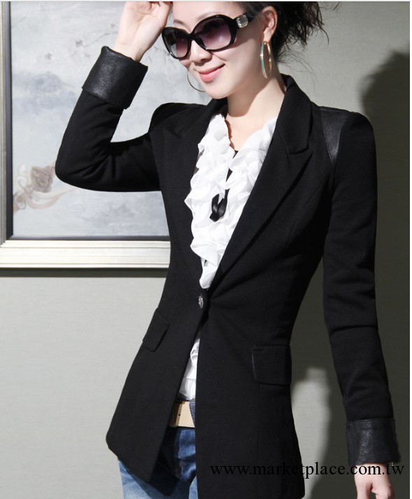 2012新款女裝秋季 氣質修身小西裝 配皮外套 韓版小西服批發工廠,批發,進口,代購