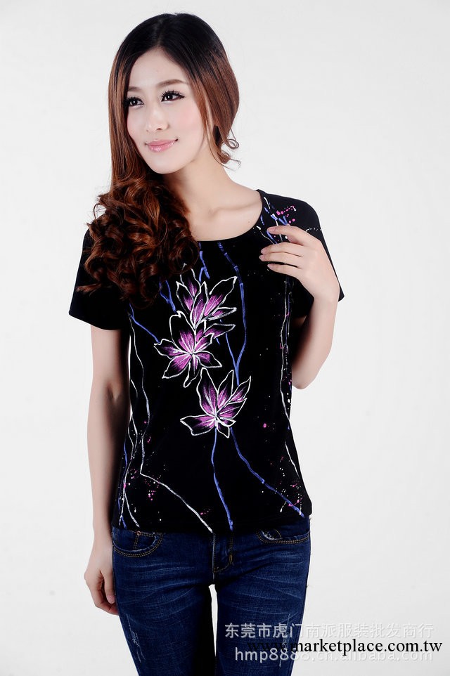 2013 夏季 精品修身v領天竹莫代爾棉中國風手繪女式短袖T恤批發工廠,批發,進口,代購