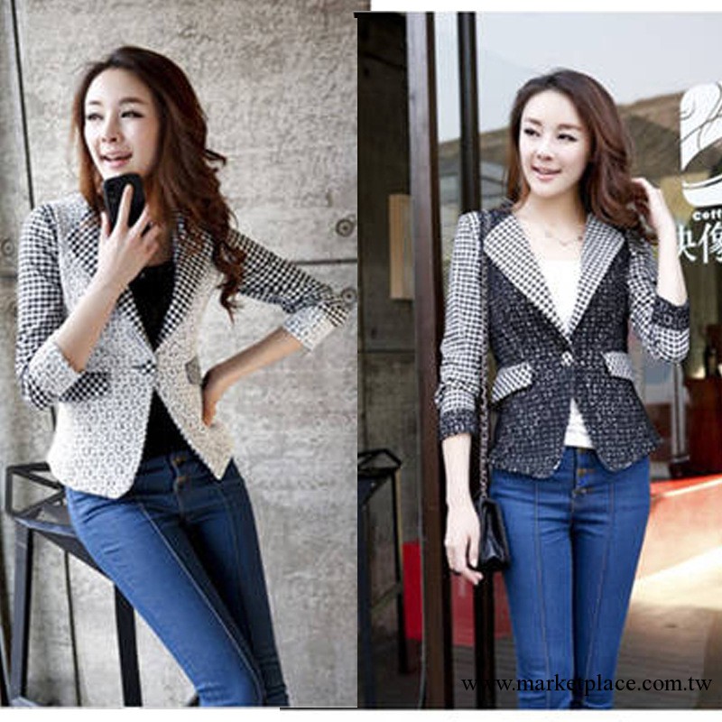 新款韓版小西裝女七分袖格子蕾絲顯瘦一粒扣短款小西裝外套批發・進口・工廠・代買・代購