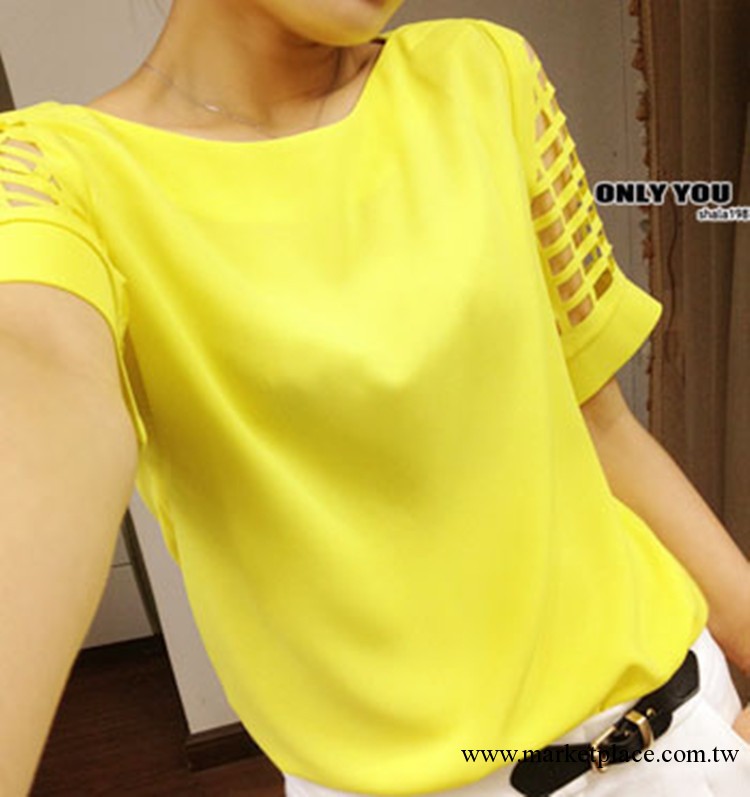 夏季新款女裝新款 韓國一字領鏤空短袖 糖果色雪紡衫 T恤 9808工廠,批發,進口,代購