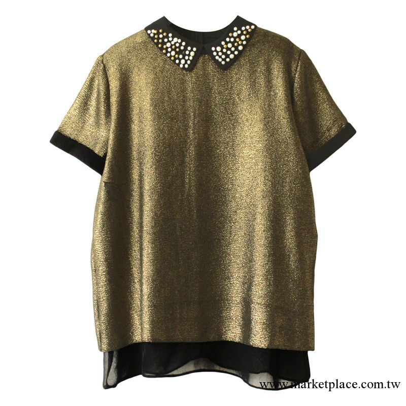 韓國原單女裝 2013秋新款釘珠金屬色雪紡T恤 拼接短上衣 短袖襯衫工廠,批發,進口,代購