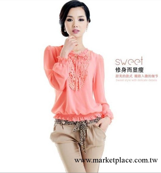 2013新款 韓版燈籠袖雪紡長袖褶皺蕾絲雪紡衫女上衣工廠,批發,進口,代購