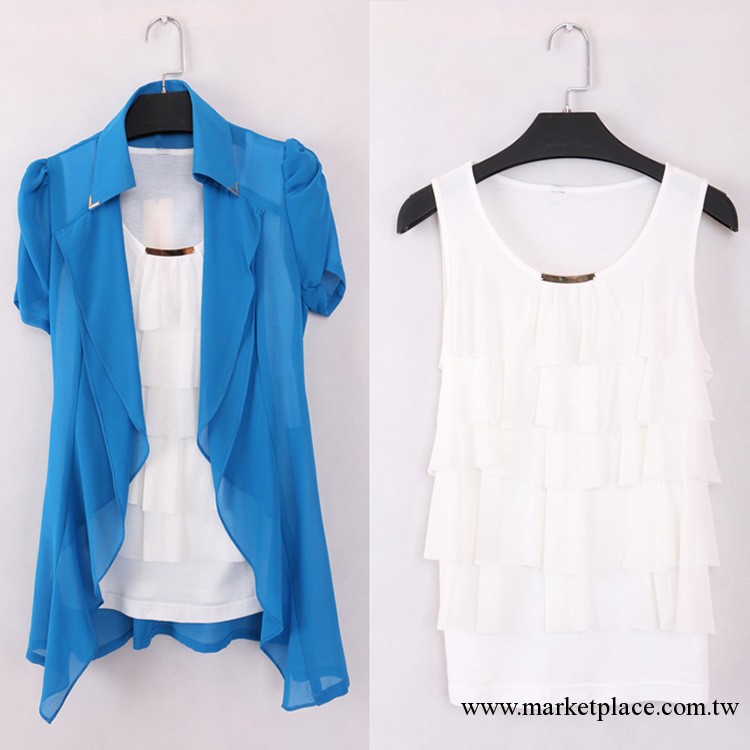 2013夏季新款女裝 韓版寬松大碼上衣 休閑短袖兩件套雪紡衫工廠,批發,進口,代購
