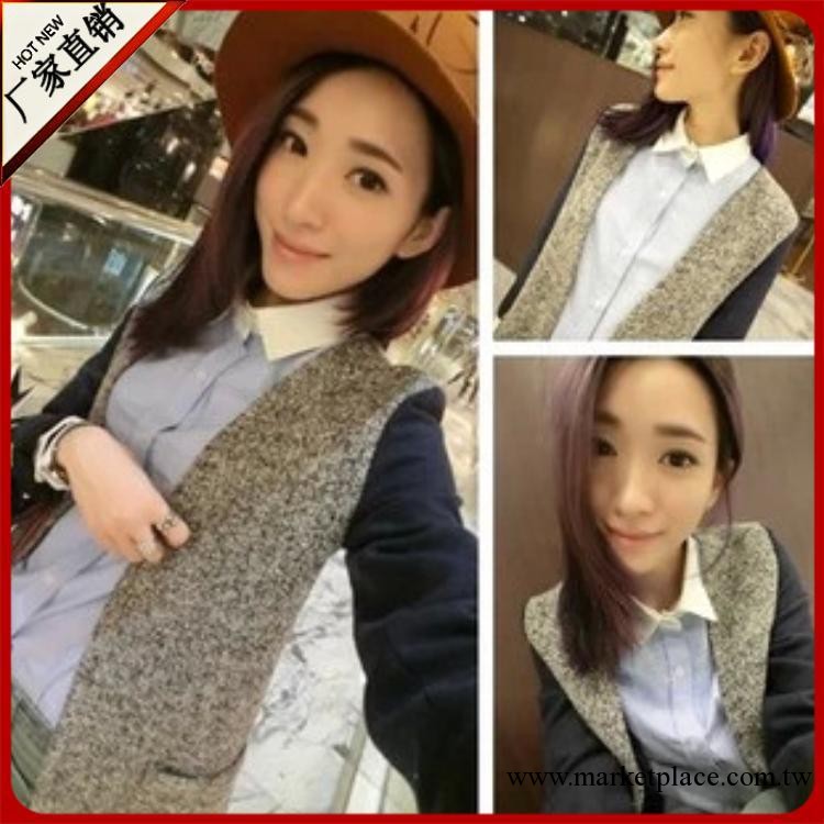 2013新款 韓版秋冬女裝復古簡約時尚呢料拼接顯瘦小西裝 毛呢外套工廠,批發,進口,代購