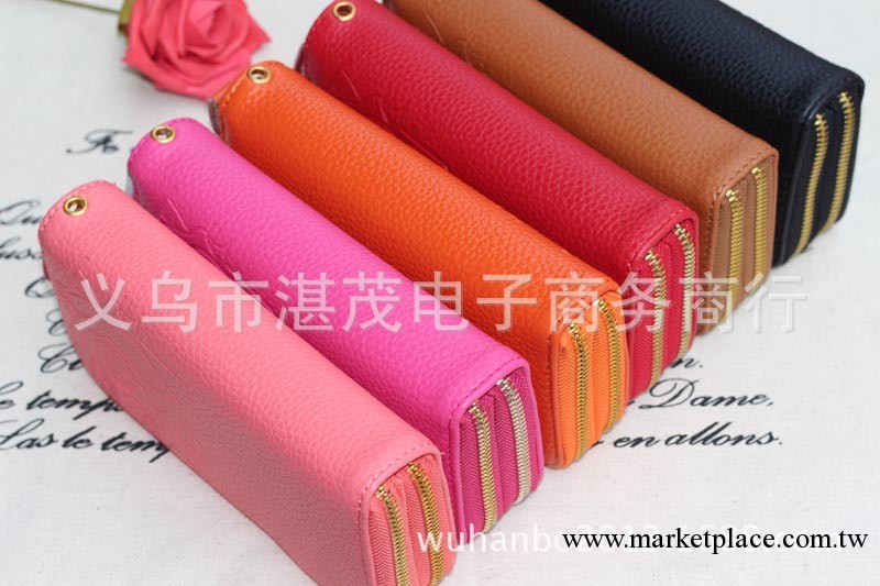 湛茂皮具 地攤熱銷款 荔枝紋 玫瑰花女士休閑雙拉錢包工廠,批發,進口,代購