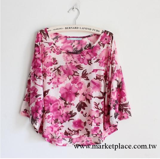 2013夏季新款韓版女裝 紫紅色大花朵蝙蝠袖上衣 罩衫 女裝T恤批發・進口・工廠・代買・代購