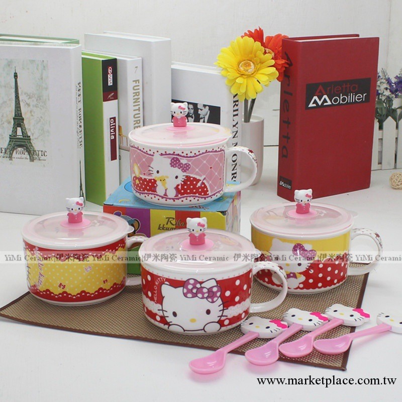 伊米陶瓷 供應hello kitty日式餐具陶瓷泡面碗 帶蓋帶勺KT保鮮碗工廠,批發,進口,代購