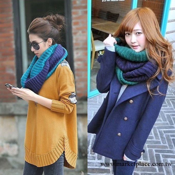 2013冬季新款時尚韓版雙色毛線針織超大圍脖女士保暖圍巾披肩情侶工廠,批發,進口,代購