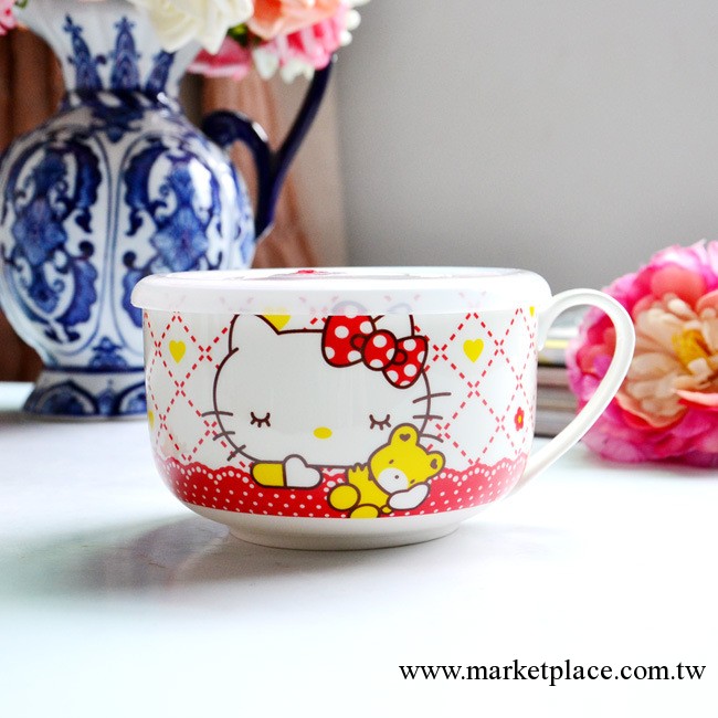 zakka風 hello kitty日式餐具陶瓷泡面碗 帶真空蓋KT貓保鮮碗湯碗工廠,批發,進口,代購