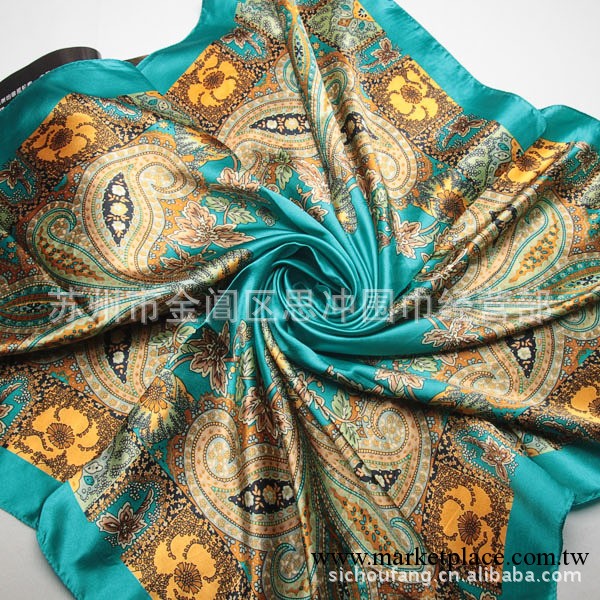 藍綠色優雅古典印花腰果絲綢大方巾 圍巾批發 絲巾 批發工廠,批發,進口,代購