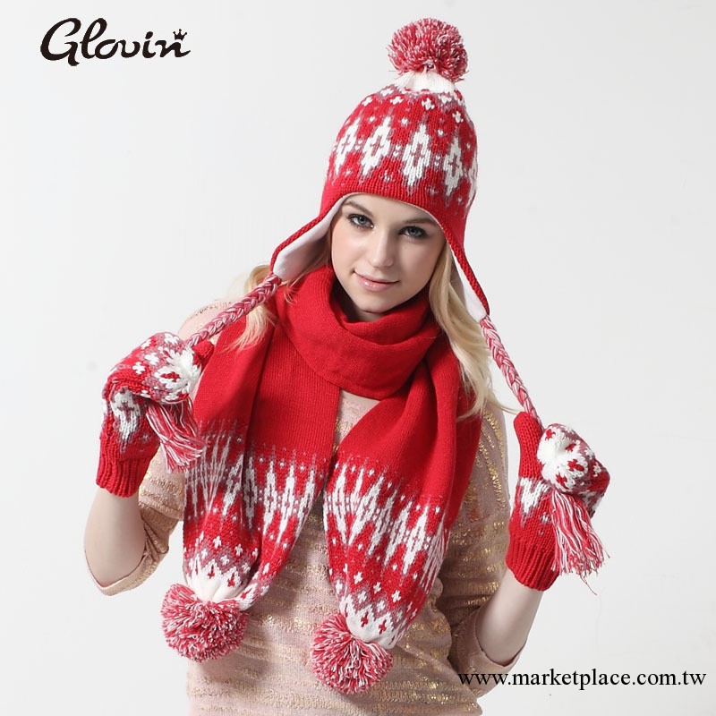GLOVIN 2013新品 韓國甜美可愛聖誕提花遮耳帽圍巾手套三件套工廠,批發,進口,代購