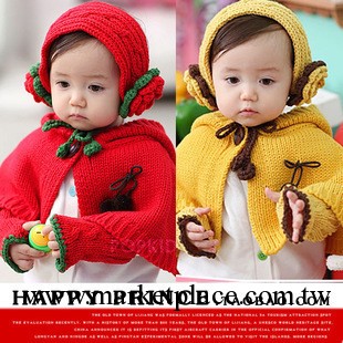 S新款韓版寶寶連帽 披風三件套裝 兒童帽子花朵發箍毛線針織手套工廠,批發,進口,代購