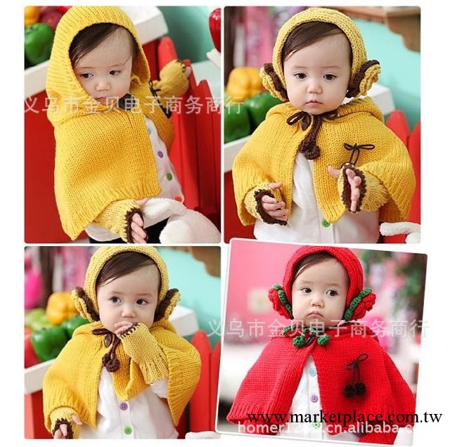 新款韓版寶寶連帽 披風三件套裝女 兒童帽子花朵發箍毛線針織手套工廠,批發,進口,代購