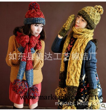 新款潮韓版秋冬季天女士加厚保暖針織毛線帽子圍巾手套套裝三件套工廠,批發,進口,代購