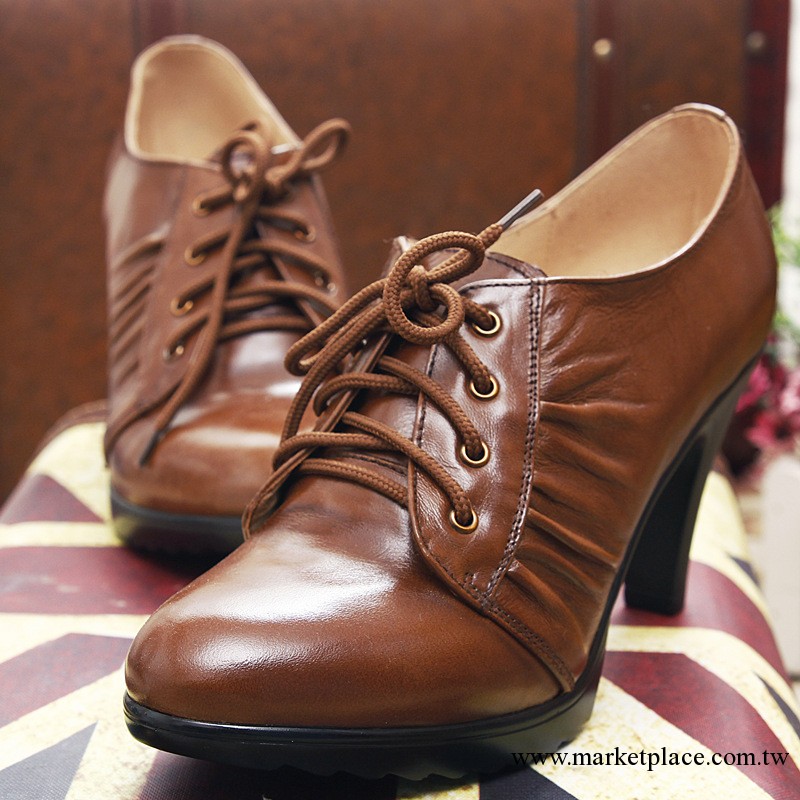 2013新款女式系帶深口單鞋 時尚歐美風復古棕色真皮粗高跟鞋工廠,批發,進口,代購