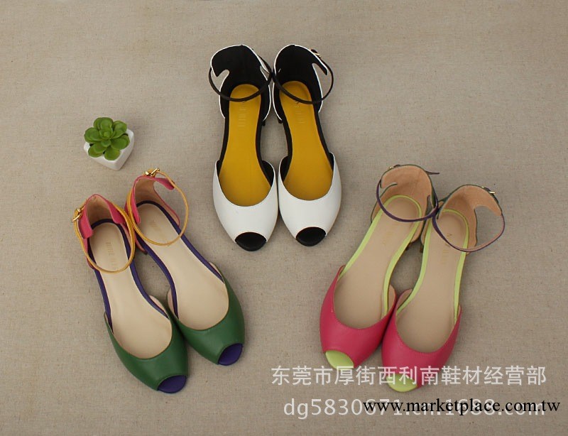 2013歐美真皮三拼色款真皮魚嘴單鞋平跟女鞋涼鞋女鞋工廠,批發,進口,代購