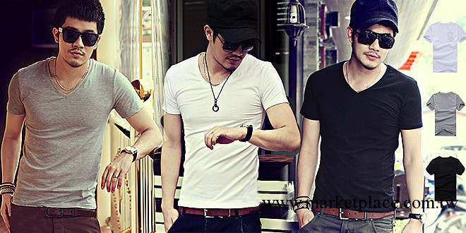 2013夏季韓版 男裝V領短袖全棉T恤 修身黑白色男士打底衫工廠,批發,進口,代購