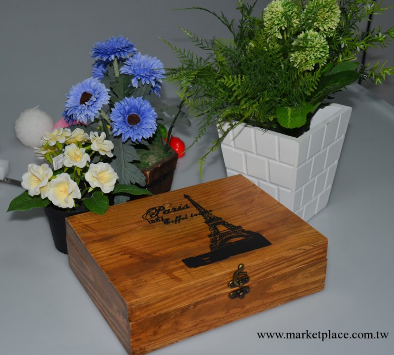 M-9022  zakka雜貨 做舊木盒收納盒 創意傢居 新款巴黎鐵塔鎖盒*工廠,批發,進口,代購