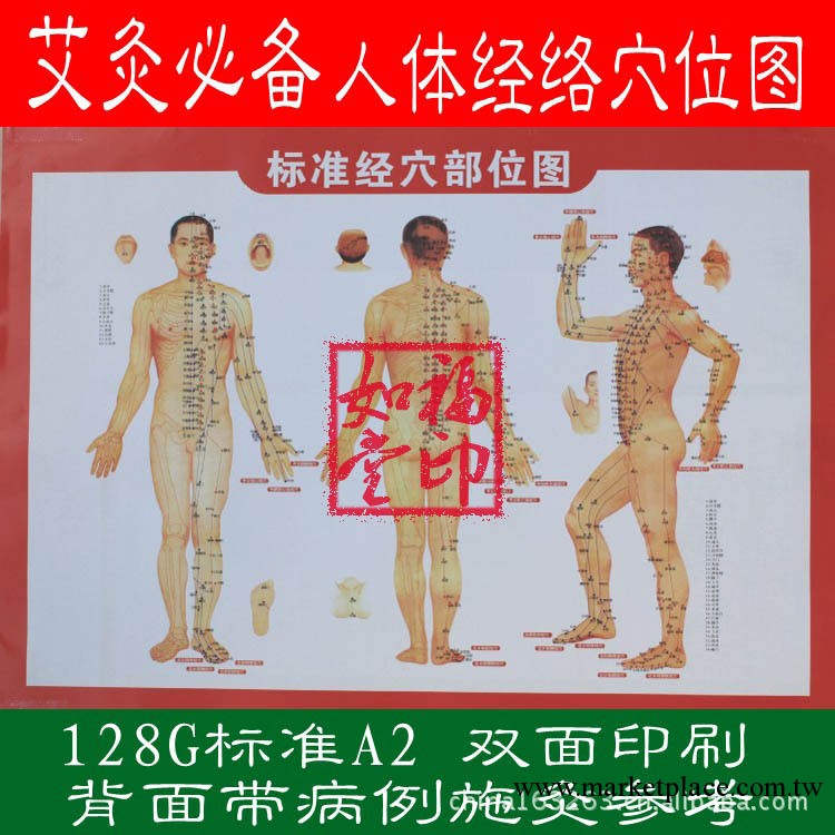艾灸必備|人體經絡圖|穴位圖|附常用病例施灸參考 A2高清雙面工廠,批發,進口,代購