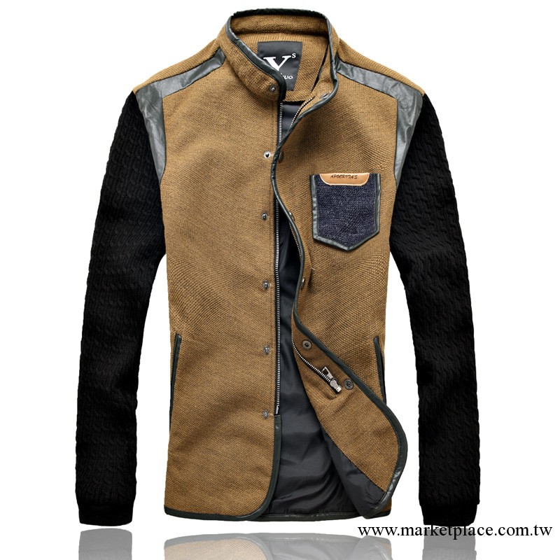 2013秋裝新款男裝立領夾克男士歐美風格上衣 針織袖拼皮麻料外套工廠,批發,進口,代購