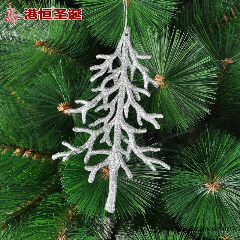 聖誕裝扮佈置用品 15*10cm銀色樹形黏粉高檔聖誕掛件 20g工廠,批發,進口,代購
