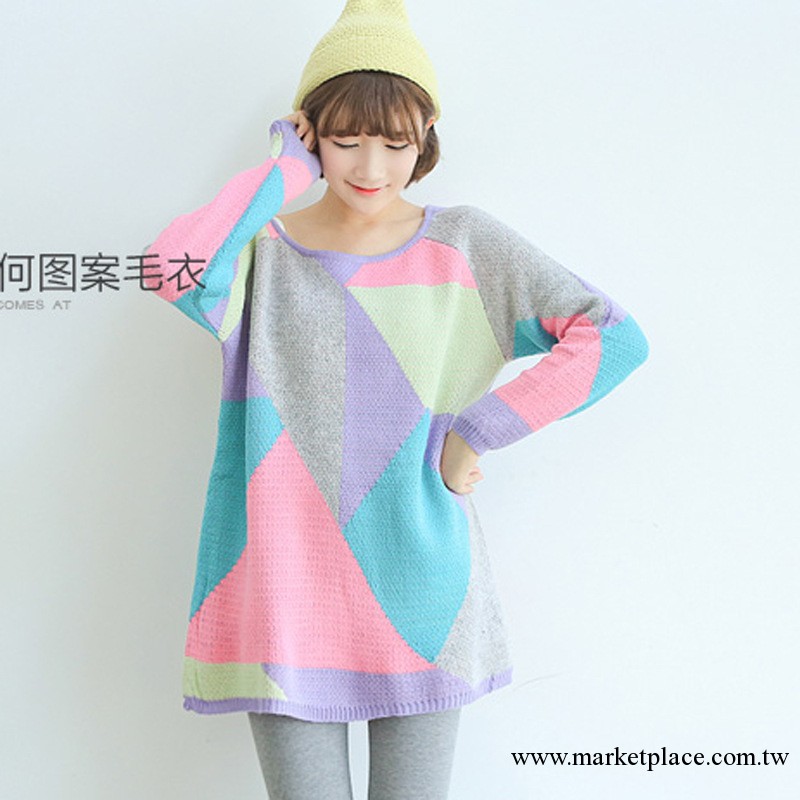2013秋裝新款 韓國女裝經典撞色圓領長袖寬松百搭中長款毛衣 批發工廠,批發,進口,代購