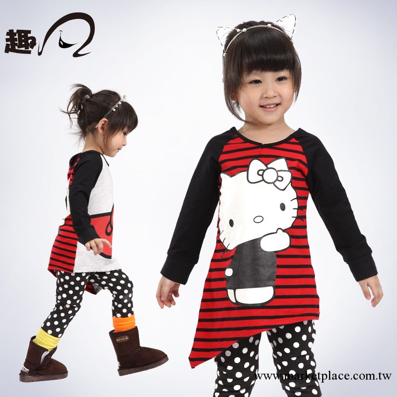 童裝批發2013秋裝新款女童 Hello kitty拼色上衣 T恤工廠,批發,進口,代購