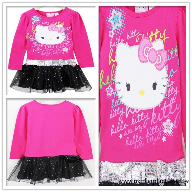 獨傢童裝批發：Q9012  hello kitty卡通女童亮片長袖連衣裙工廠,批發,進口,代購