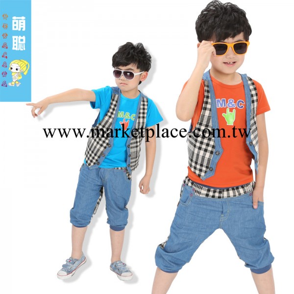 小孩套裝2013童裝夏季 男童套裝格子牛仔3件套萌聰品牌 童裝批發工廠,批發,進口,代購