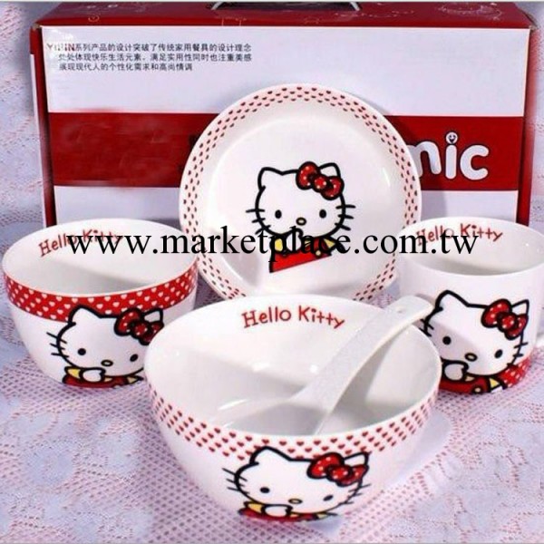 韓式hello kitty 餐具五件套 寶寶安全五件套 陶瓷餐具套裝碗碟筷工廠,批發,進口,代購