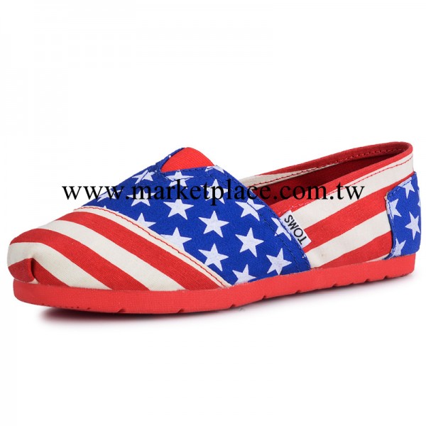 2013年度休閒時尚帆佈鞋國旗新款紅條藍星版女式橡膠底單鞋工廠,批發,進口,代購