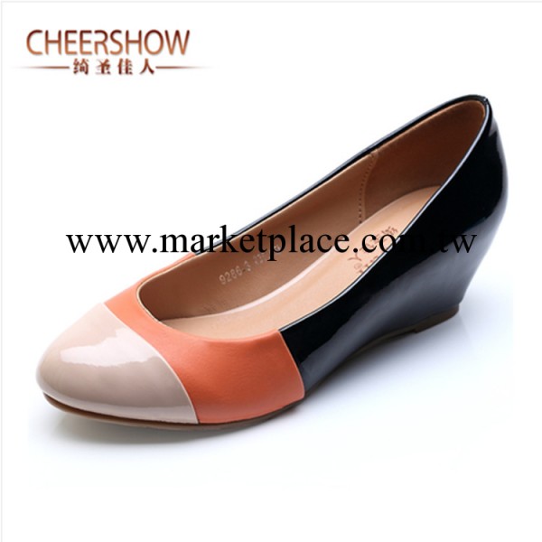 CheerShow新款女鞋韓國公主內增高漆皮圓頭拼色淺口中跟坡跟單鞋工廠,批發,進口,代購