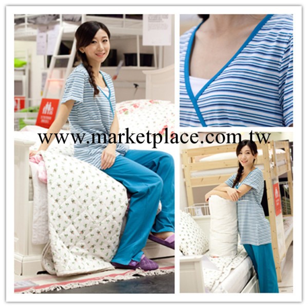 青島外貿原單女式條紋短袖長褲睡衣套 傢居服 喂奶 哺乳衣工廠,批發,進口,代購