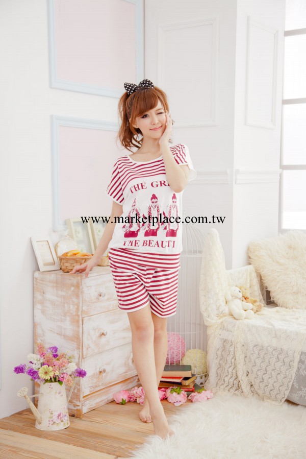 夏季女式條紋莫代爾睡衣韓版斑馬條三個人短袖傢居服批發工廠,批發,進口,代購