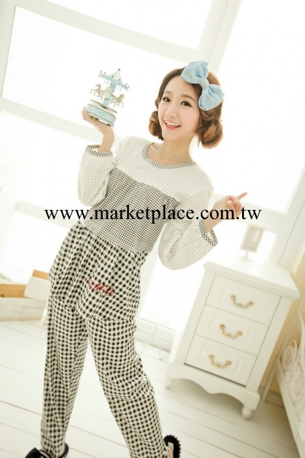 春秋款女人睡衣個性休閒居傢服女式長袖純棉娃娃裝格子拼色傢居服工廠,批發,進口,代購