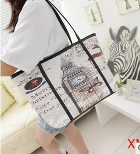 2013新品女包休閒撞色巴黎鐵塔塗鴉喬巴手提單肩大容量包包潮包工廠,批發,進口,代購