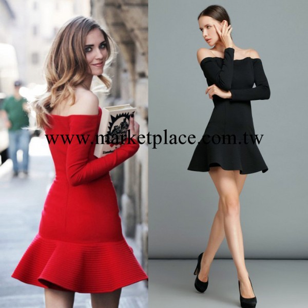 YIGELILA品牌女裝秋冬一字領露肩長袖紅色正品連衣裙小禮服裙6496工廠,批發,進口,代購