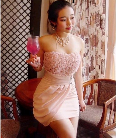 外貿款 韓版釘珠玫瑰花平口連衣裙小禮服 夜店洋裝 抹胸夜店裝工廠,批發,進口,代購