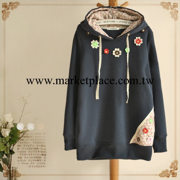 waypoints冬季女裝新款 甜美森女領口小花抽繩連帽抓絨衛衣女式工廠,批發,進口,代購