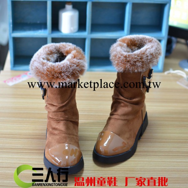 三人行童鞋批發 2013冬款徽章皮革拼接女童高筒靴兒童雪靴棉靴工廠,批發,進口,代購