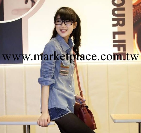 2013新款韓版女修身長袖原單口袋拼接長款牛仔襯衫 襯衣-9109#工廠,批發,進口,代購