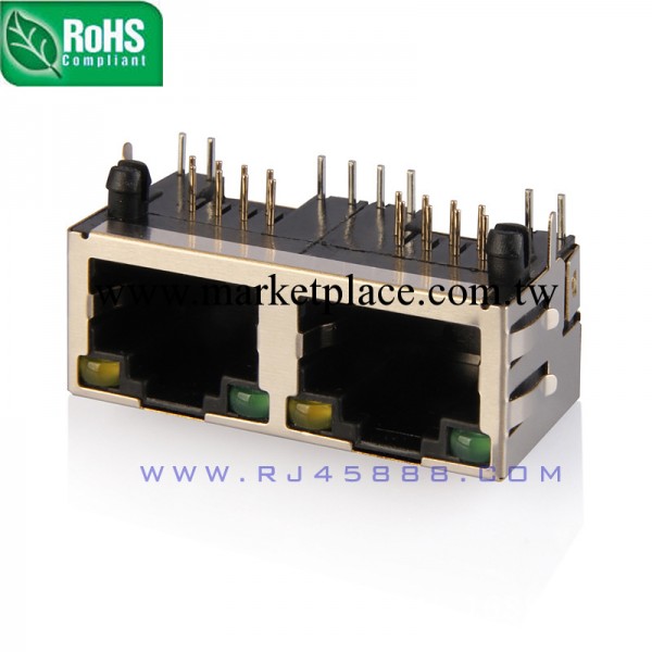 1x2 RJ45連接器 8P8C 90度 8芯 銅殼環保 網絡接口 帶燈帶彈片工廠,批發,進口,代購