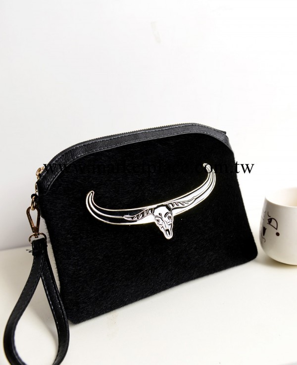 名媛風明星同款 休閒潮流雙拉鏈牛頭手拿包信封包斜挎包馬毛包工廠,批發,進口,代購