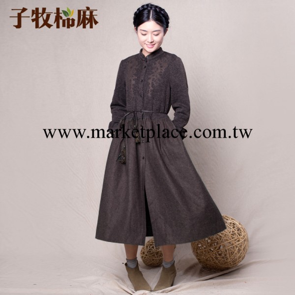 子牧棉麻女裝長袖刺繡花連衣長裙文藝修身毛呢連衣裙 冬季連衣裙工廠,批發,進口,代購