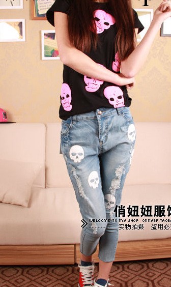 2013新款七分女褲骷髏頭小腳牛仔褲工廠,批發,進口,代購