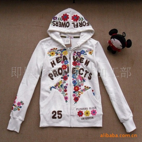 zrough 花海貼佈刺繡 連帽女式拉鏈衛衣 帽衫工廠,批發,進口,代購