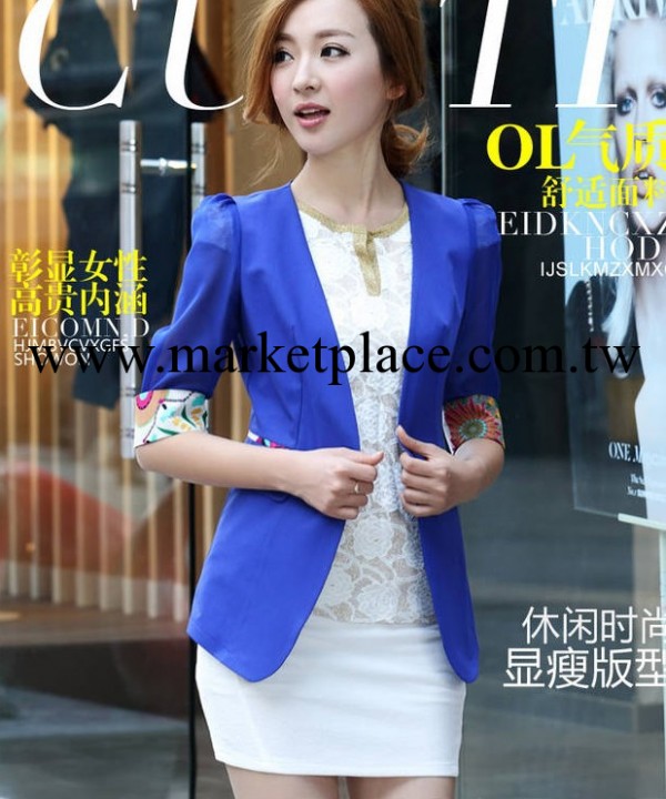 2013夏新款女裝韓版修身小西裝短外套印花雪紡袖工廠,批發,進口,代購